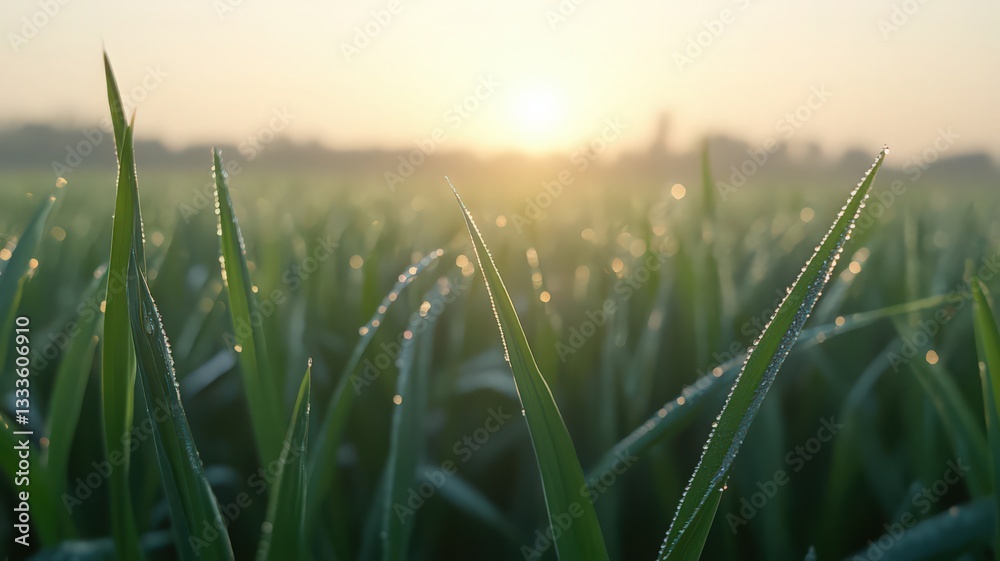 Fototapeta premium Sunrise Over Dew-Kissed Grass Field