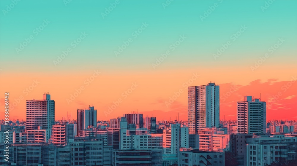 Fototapeta premium Minimalist cityscape showcasing vibrant colors during twilight hours in an urban setting