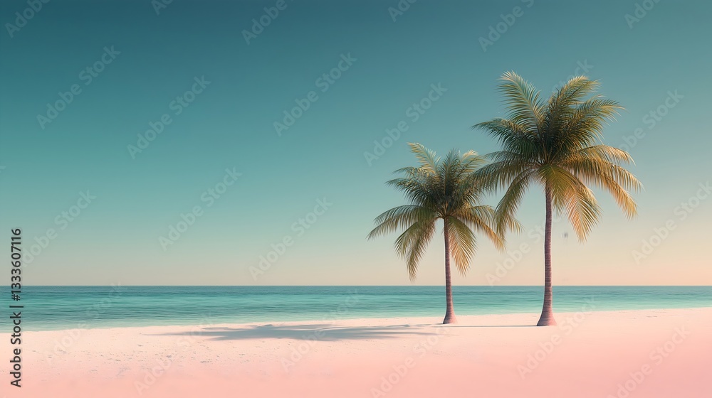 Minimalist digital art of a tranquil beach with palm trees and a peaceful ocean at sunrise Minimalist digital art of a tranquil beach with palm trees and a peaceful ocean at sunrise
