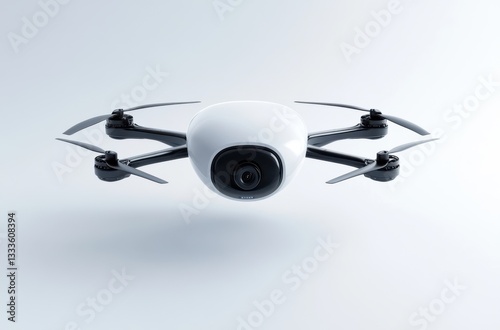 High-tech drone floating in mid-air, sleek design, clean white background