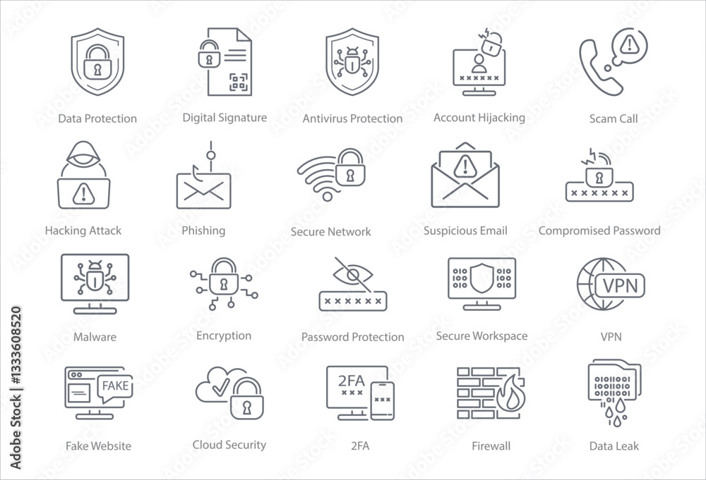 A set of vector line icons related to cyber security and secure data storage. Two-Factor Authentication, Firewall, Antivirus, Hacker Attack vector illustration. Editable Strokes. A set of vector line icons related to cyber security and secure data storage. Two-Factor Authentication, Firewall, Antivirus, Hacker Attack vector illustration. Editable Strokes.