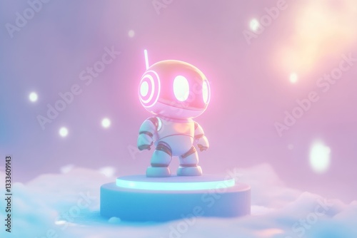 A cute, glowing robot stands on a pastel platform in a dreamy, cloud-filled scene.