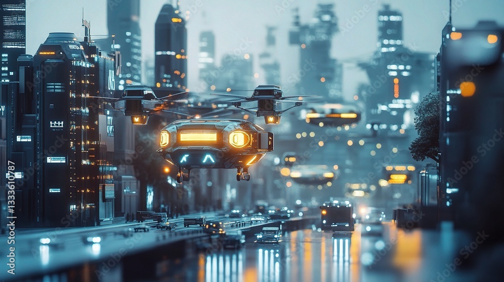 Naklejka premium Futuristic Smart City with AI Logistics and Urban Optimization