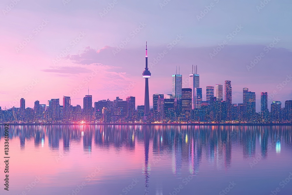 Obraz premium Toronto Skyline: A breathtaking view of a modern city skyline at dusk, showcasing stunning architecture and urban beauty reflected in the serene water.