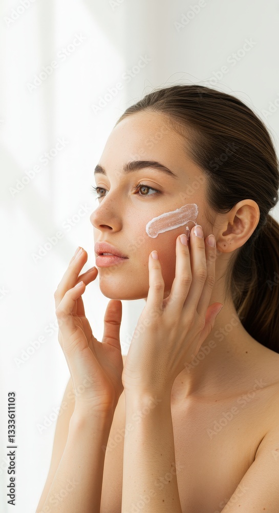 Natural light portrait, woman applying skincare cream. Natural light portrait, woman applying skincare cream.