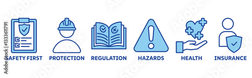 Work safety icon set illustration with icons safety first, protection, regulations, hazards, health, and insurance icon 
