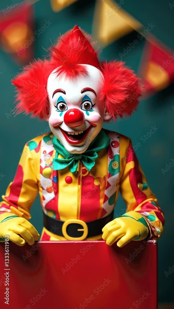 Smiling clown pops out of a red box ready to surprise on April Fools' Day. Clown in bright clothes and hat. Fun and prank concept, suitable for postcard, banner or poster. Smiling clown pops out of a red box ready to surprise on April Fools' Day. Clown in bright clothes and hat. Fun and prank concept, suitable for postcard, banner or poster.