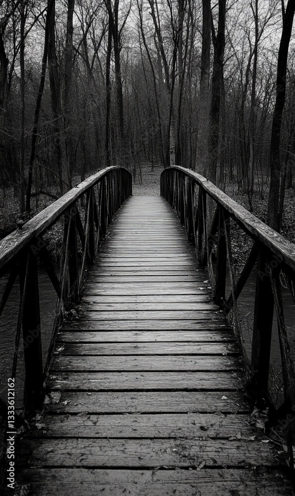 Wooden bridge through dark forest Wooden bridge through dark forest