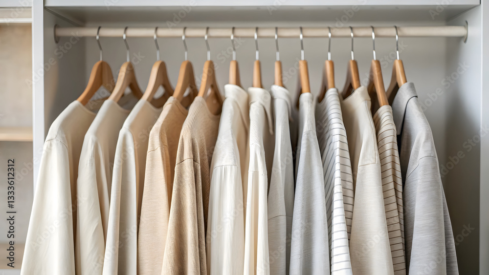© Shepoupung - Eco-Conscious Consumer minimalist wardrobe with neutral toned clothing neatly arranged on wooden hangers © Shepoupung - Eco-Conscious Consumer minimalist wardrobe with neutral toned clothing neatly arranged on wooden hangers