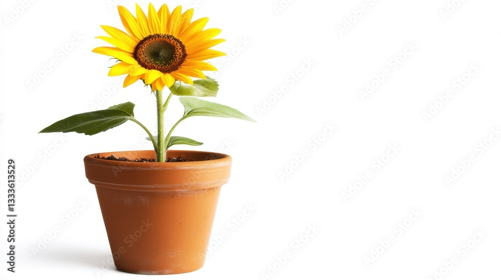 Obraz premium A sunflower in a flower pot, isolated on a white background, showcasing its vibrant yellow petals and green foliage.