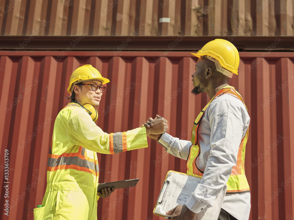 Construction engineers are controlling the handshake, agreeing on the progress of the construction project, standing on the new factory. Consulting engineers, officers inspecting the containers,