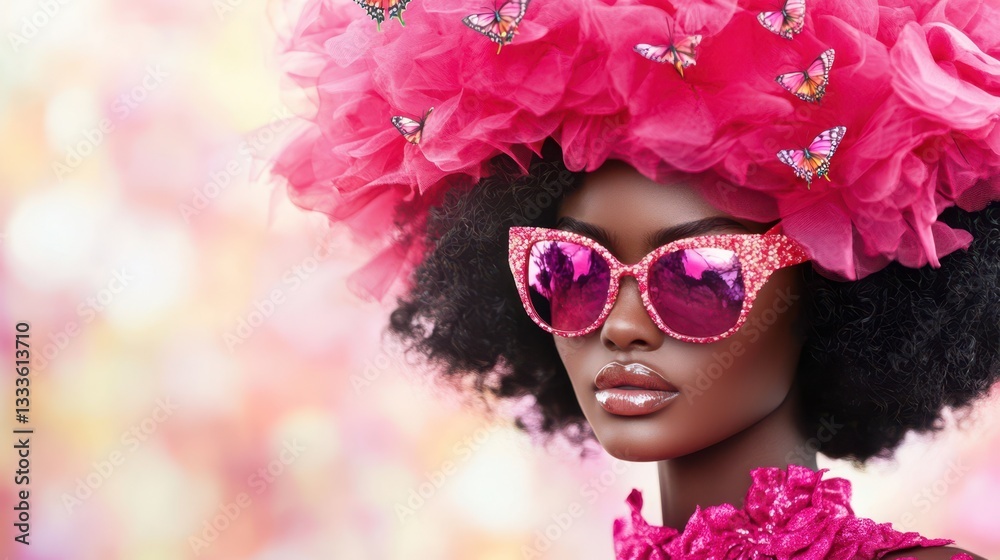 Radiant Style: a portrait of a model, she is adorned with a vibrant, pink hat embellished with delicate butterflies, complemented by matching sunglasses. Radiant Style: a portrait of a model, she is adorned with a vibrant, pink hat embellished with delicate butterflies, complemented by matching sunglasses.