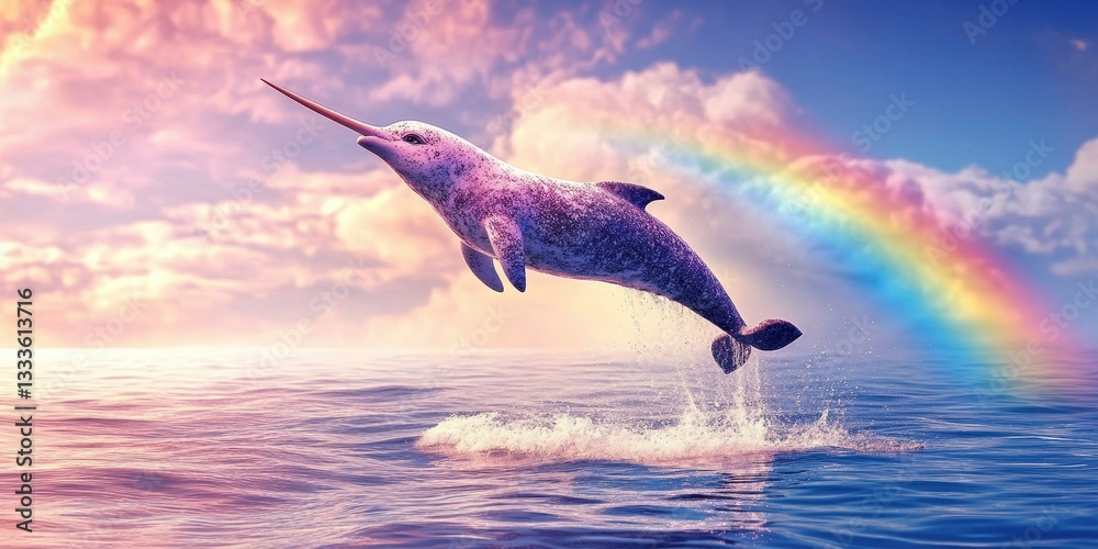 Obraz premium Whimsical Unicorn of the Sea: A narwhal, the unicorn of the sea, leaps playfully from the ocean against a backdrop of a colorful rainbow and dreamy clouds.