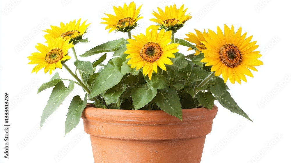 Obraz premium A sunflower in a flower pot, isolated on a white background, showcasing its vibrant yellow petals and green foliage.