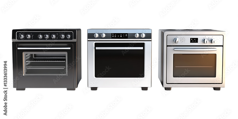 Obraz premium Three kitchen ovens in black, white, and silver variations are displayed in a row isolated on a transparent background for advertising.