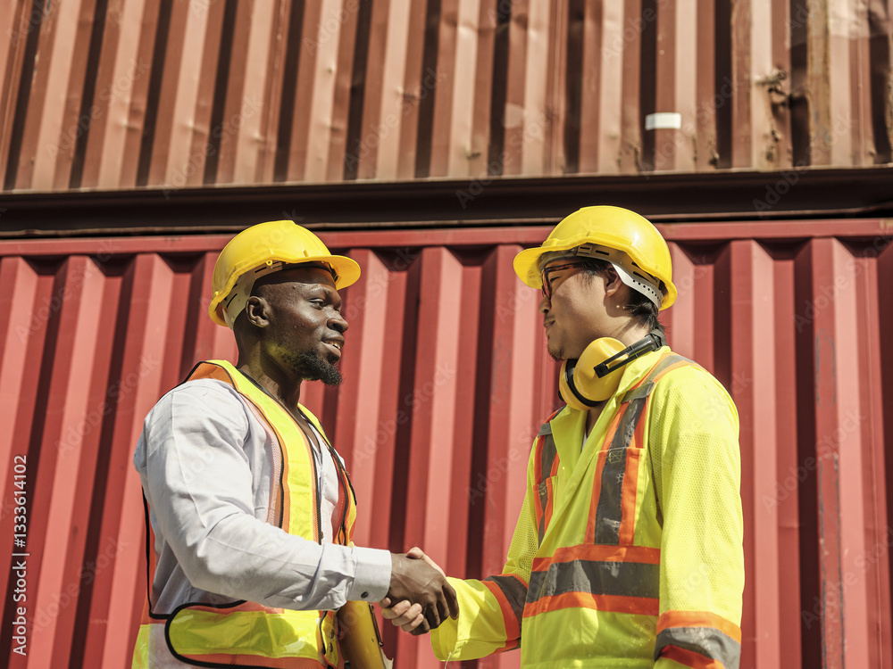 Two diverse construction workers in yellow safety vests and hardhats shaking hands and collaborating at a container storage and logistics worksite