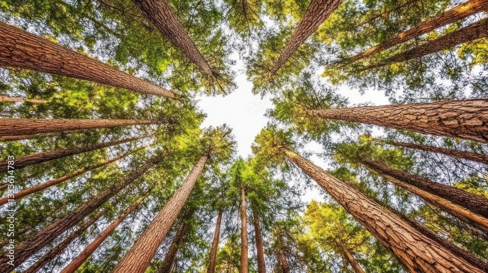 Fototapeta premium Redwood forest, upward view, sunlight, nature