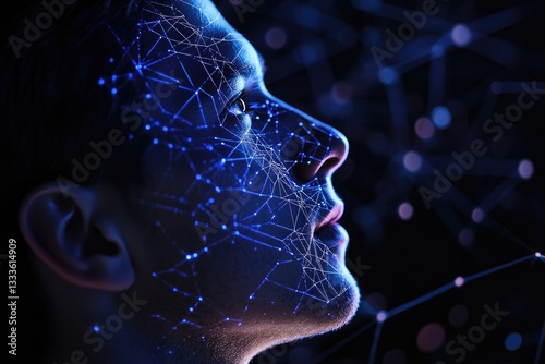 A profile view of a face overlaid with a glowing network of interconnected nodes, symbolizing digital connectivity and identity.