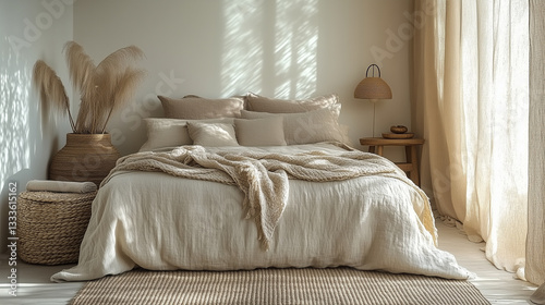 Minimalist Bedroom Corner with Neutral Tones and Cozy Textures