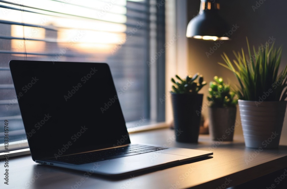 Professional workspace with a sleek laptop on a modern desk, minimalist Professional workspace with a sleek laptop on a modern desk, minimalist