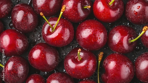 A top view of fresh cherries showcases their vibrant color and natural shine, highlighting their rich vitamin and nutrient content. photo