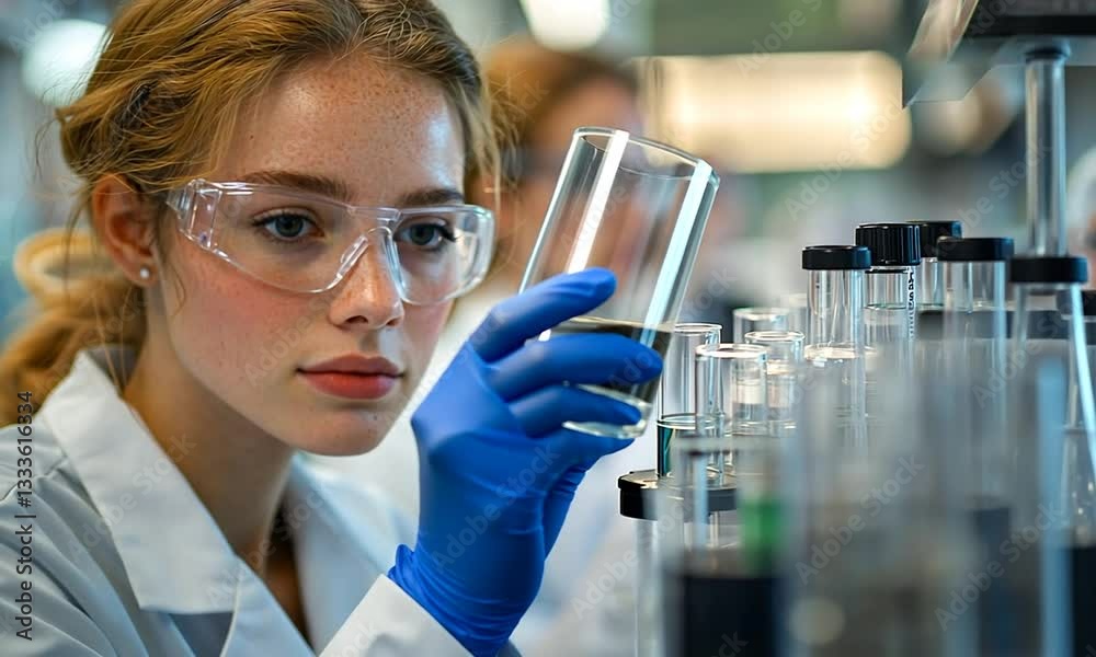 Young scientist analyzing liquid samples in a laboratory filled with test tubes and equipment