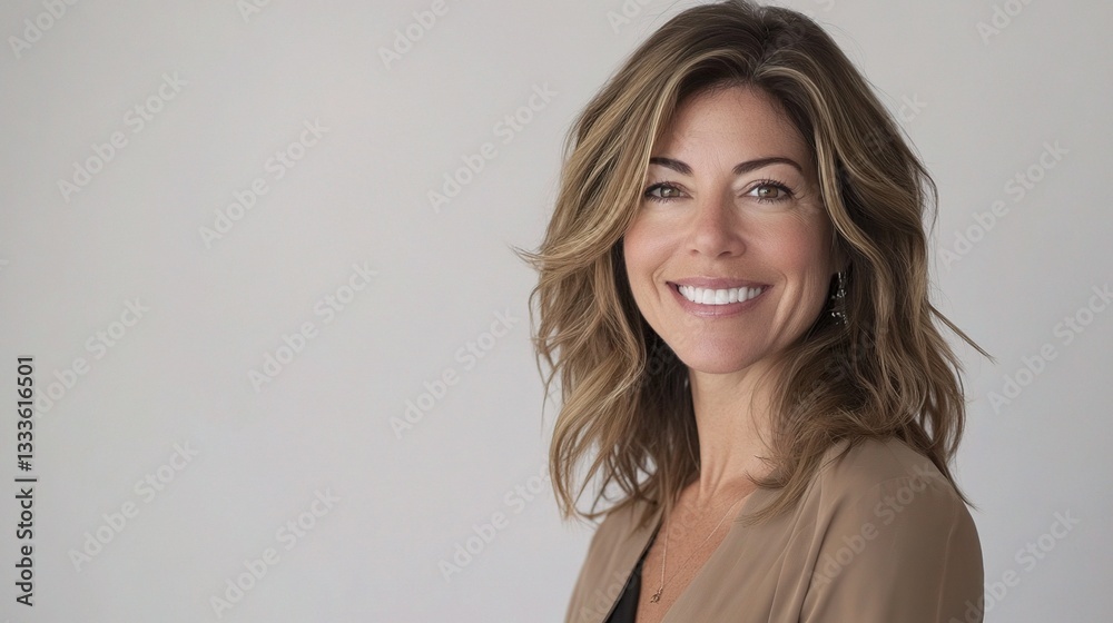 Fototapeta premium Confident Businesswoman Posing with a Bright Smile in Studio Setting
