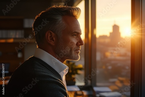 A contemplative middle-aged man looks out a window at sunset, lost in thought.