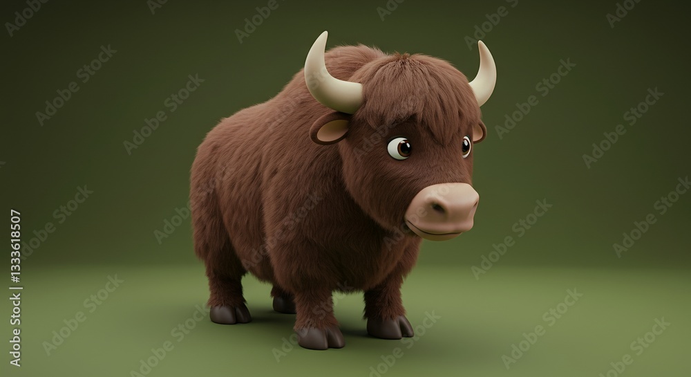 Standing Cartoon Yak with Fluffy Brown Fur and White Horns on Green Standing Cartoon Yak with Fluffy Brown Fur and White Horns on Green