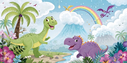 Cute Cartoon Dinosaur Landscape with Rainbow and Volcano

 photo