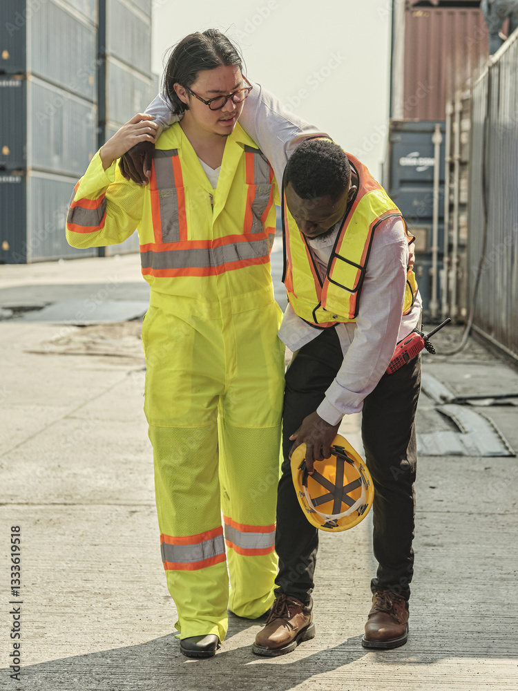 African-American male engineer injured in accident while working on unloading containers. Safety team helps him out of accident. First aid and safety training concept.