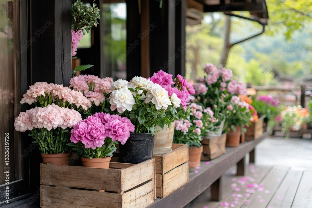 Fototapeta premium Colorful carnations and peonies decorating a wooden house porch