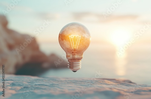 A bright lightbulb floating in a clean white space,