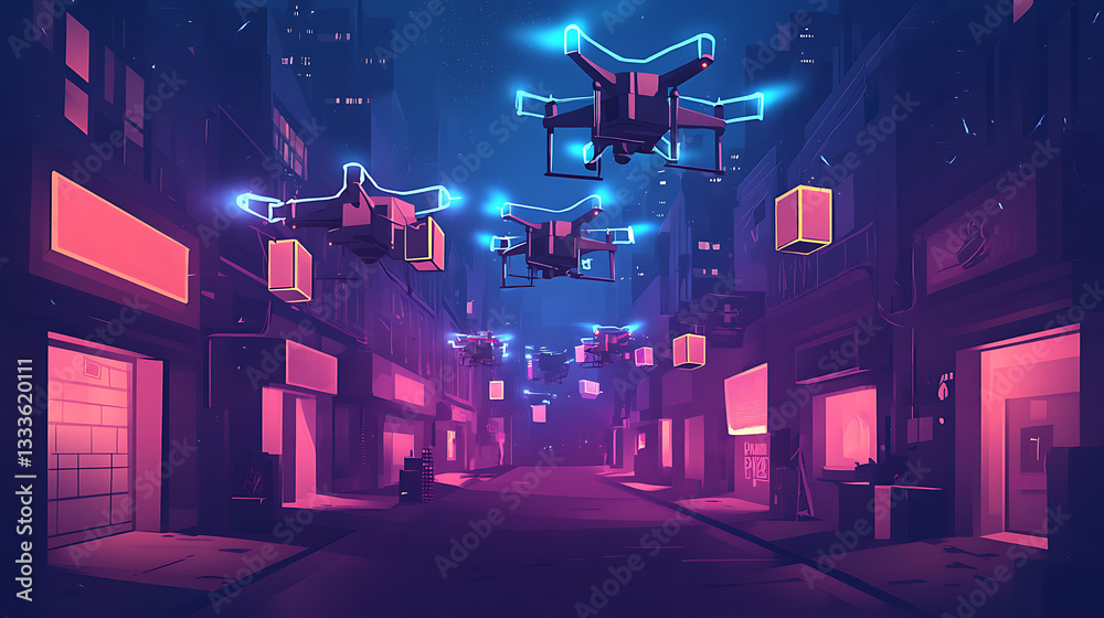 Obraz premium Futuristic city street illuminated by neon lights with drones delivering packages at night