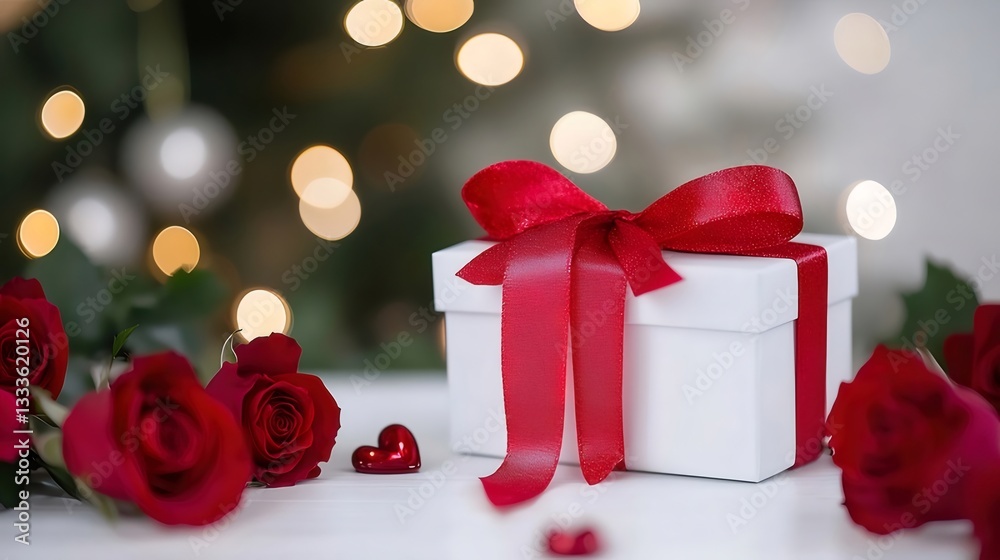 White Gift Box with Red Ribbon and Roses