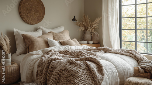 Minimalist Bedroom Corner with Neutral Tones and Cozy Textures