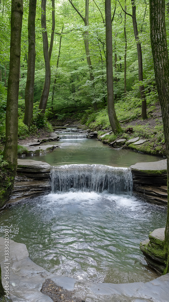 Natural waterfall cascading through lush greenery in a serene forest setting during daytime Natural waterfall cascading through lush greenery in a serene forest setting during daytime
