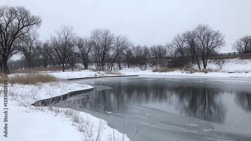 Obraz premium Snowy Winter Landscape: Tranquil River and Snow Covered Trees