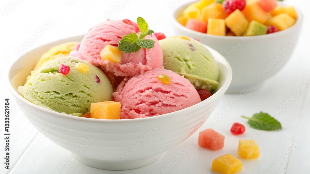 Bowl of Mixed Fruit Sorbet, Isolated on a White Background, Refreshing Summer Dessert Photography emphasizing freshness and cool indulgence. Bowl of Mixed Fruit Sorbet, Isolated on a White Background, Refreshing Summer Dessert Photography emphasizing freshness and cool indulgence.