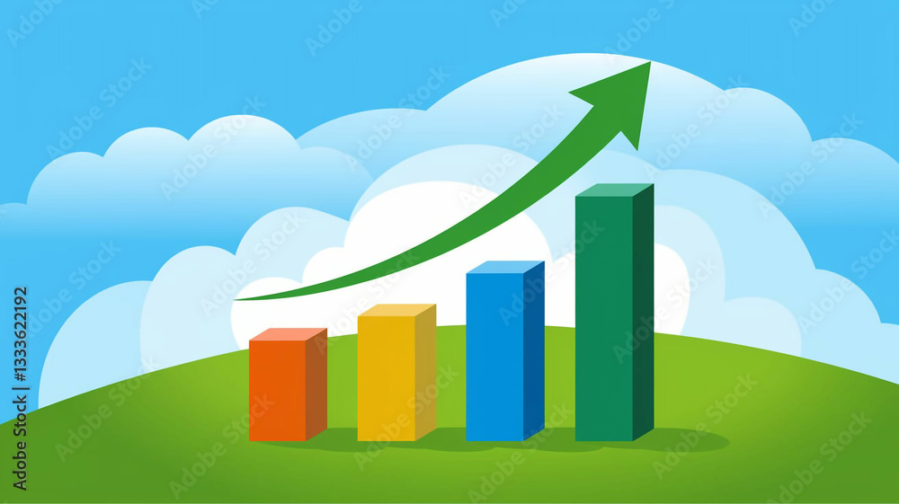 Growth Chart with Green Arrow on a Grass Hill Growth Chart with Green Arrow on a Grass Hill