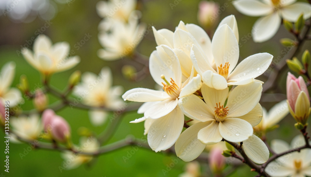 Close-up of magnolia blossoms in lush garden, spring tranquility Close-up of magnolia blossoms in lush garden, spring tranquility