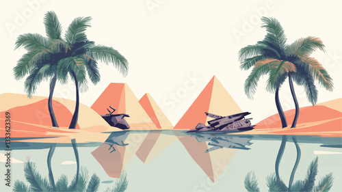 A stylized illustration depicting two pyramids situated in a desert landscape with two palm trees flanking either side.  The scene is reflected perfectly in a calm body of water, creating a