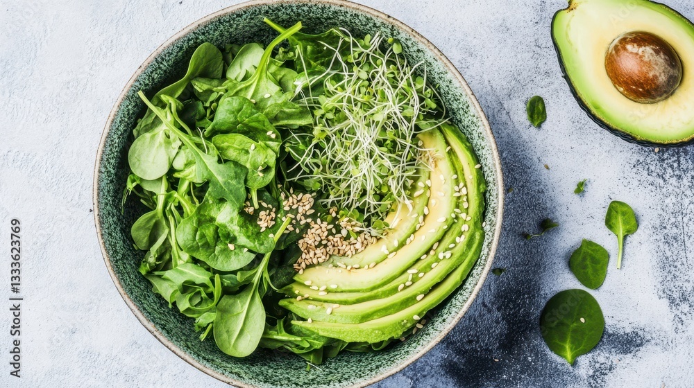 Obraz premium A vibrant vegan breakfast bowl featuring fresh spinach, arugula, creamy avocado, crunchy seeds, and nutrient-rich sprouts.