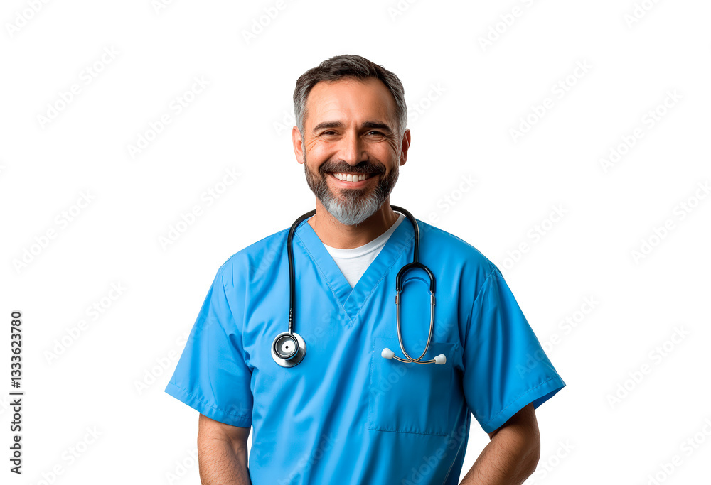 Happy smiling doctor or male nurse in blue uniform with stethoscope isolated on transparent background Happy smiling doctor or male nurse in blue uniform with stethoscope isolated on transparent background