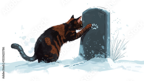 Digital painting of a tortoiseshell cat with black and orange markings sitting in the snow before a grey tombstone.  The tombstone has a paw print etched into it. The snow is lightly textured, and