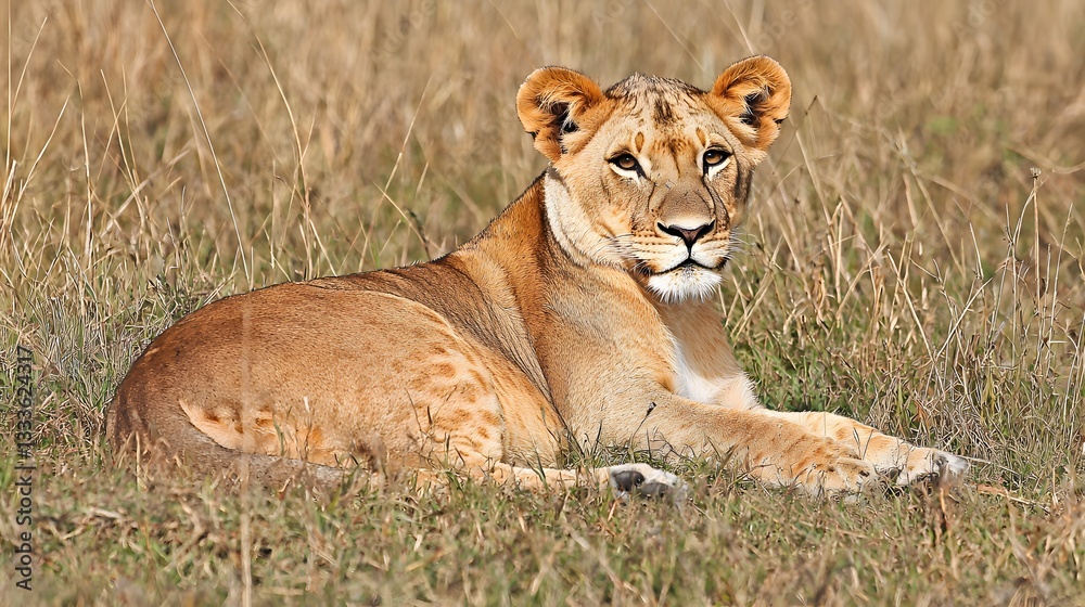 Young African Lioness Resting in Savanna Grassland Wildlife Photography Young African Lioness Resting in Savanna Grassland Wildlife Photography