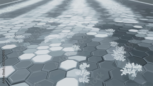The image presents a digitally rendered abstract background featuring a repeating hexagonal pattern in varying shades of grey and white.  The hexagons create a textured surface that appears