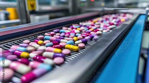 Wallpaper Mural A vivid close-up shot captures a vibrant array of colorful pills moving along a pharmaceutical production conveyor line. Torontodigital.ca