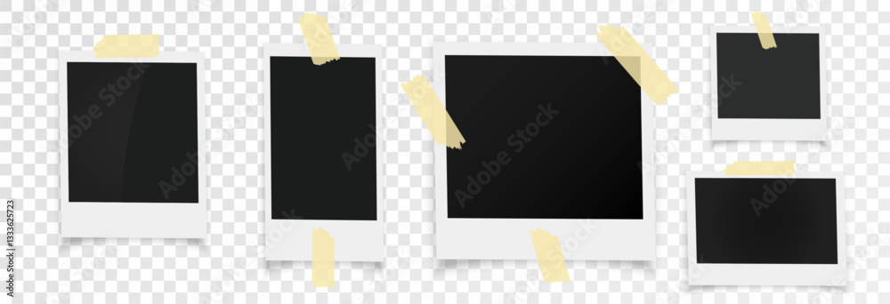 Photo frames with shadow, template background for photography, polaroid photo frames collection, vector png on transparent background. Blank photo frame mockup.