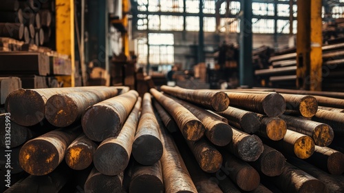 A warehouse filled with a large pile of metal iron rods, showcasing their rugged texture and industrial storage environment. photo